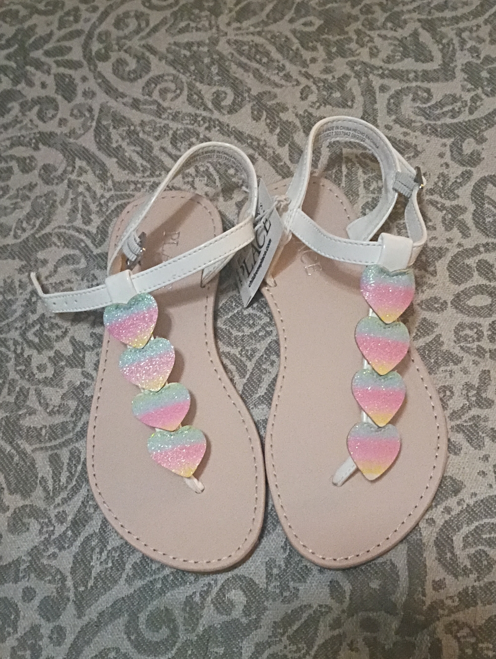 Children's Place White Girls' Sandals with Pastel Rainbow Heart Accents. 13. NWT